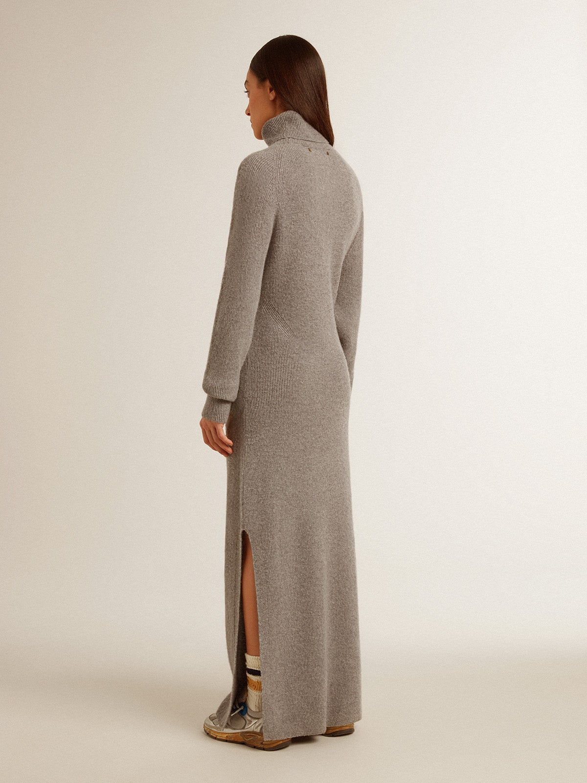Gray melange ribbed woolen dress with high neck - Golden Goose Women