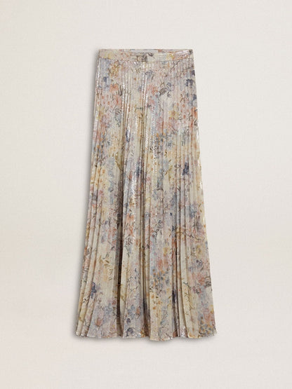 Women's long pleated skirt with multicolor floral sequin print - Golden Goose Women
