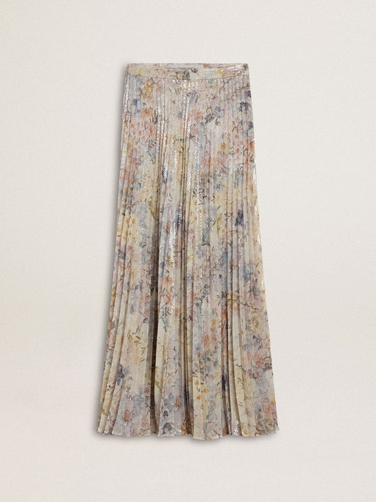 Women's long pleated skirt with multicolor floral sequin print - Golden Goose Women