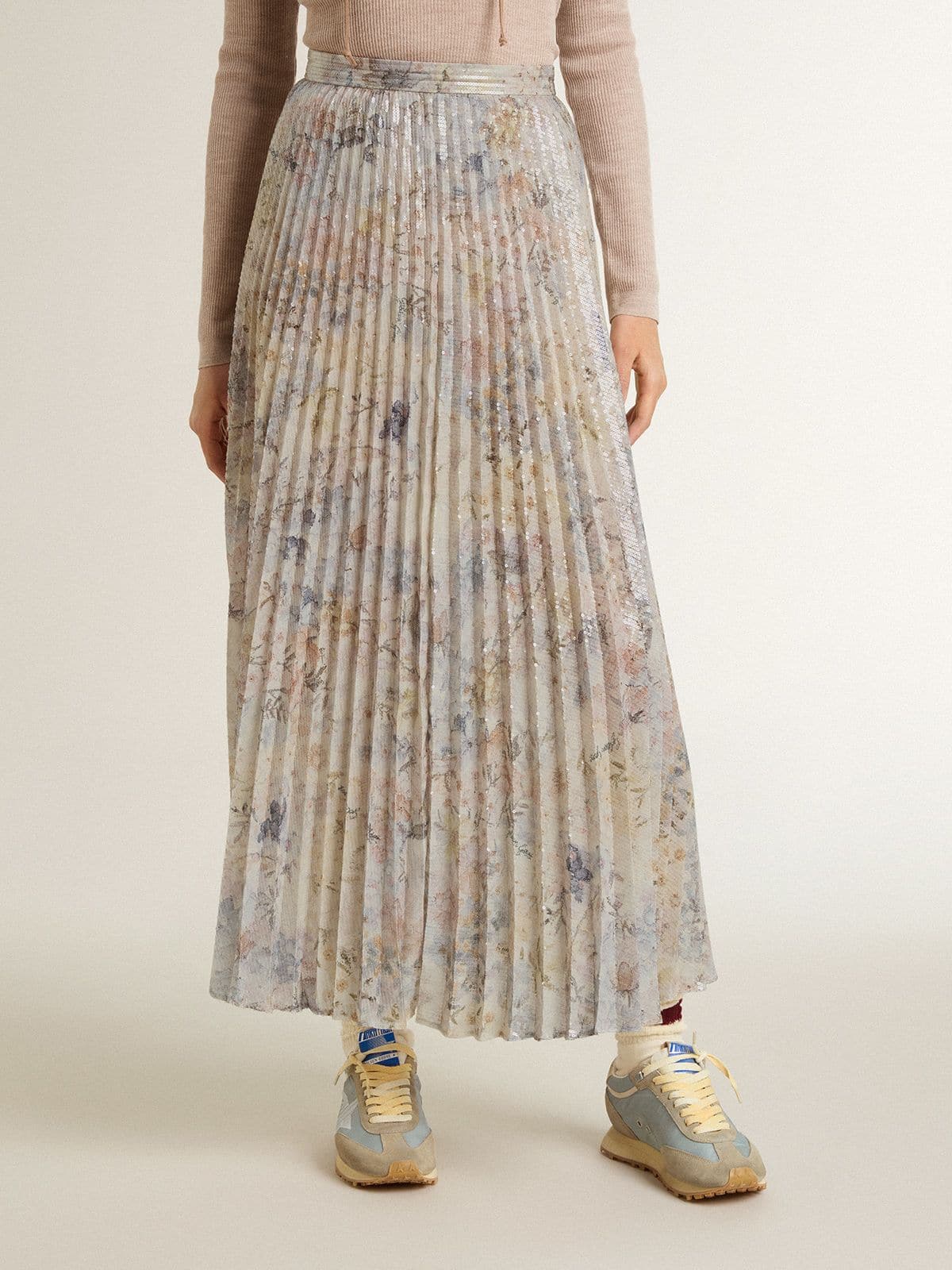 Women's long pleated skirt with multicolor floral sequin print - Golden Goose Women
