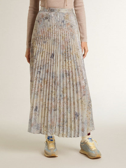 Women's long pleated skirt with multicolor floral sequin print - Golden Goose Women