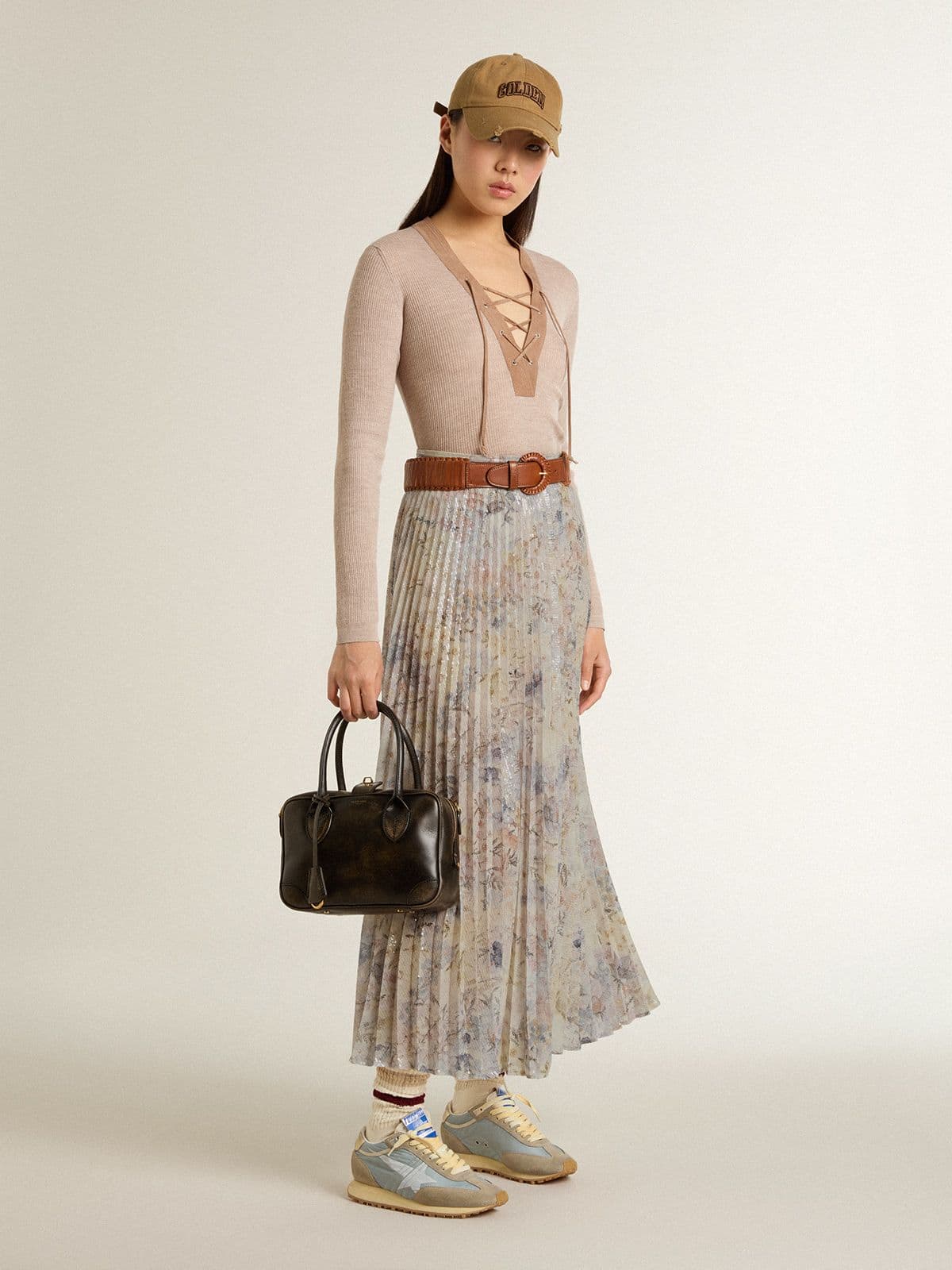 Women's long pleated skirt with multicolor floral sequin print - Golden Goose Women