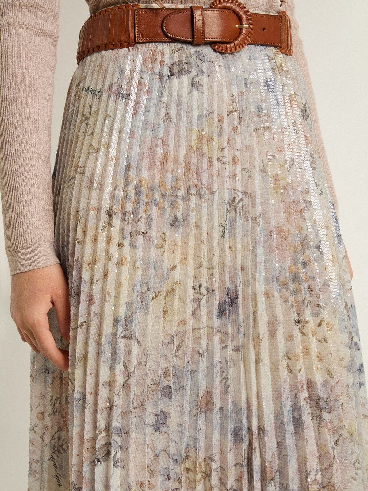 Women's long pleated skirt with multicolor floral sequin print - Golden Goose Women