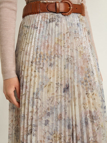 Women's long pleated skirt with multicolor floral sequin print - Golden Goose Women