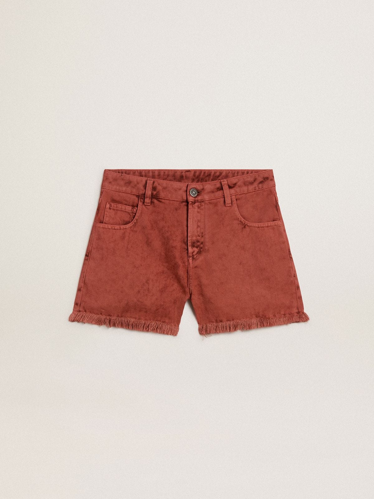 Women's shorts in brick-red denim with Golden Mediterraneo embroidery - Golden Goose Women