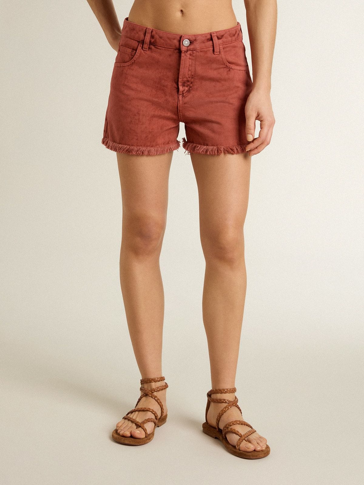 Women's shorts in brick-red denim with Golden Mediterraneo embroidery - Golden Goose Women