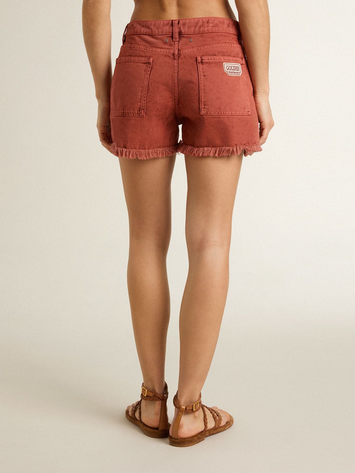 Women's shorts in brick-red denim with Golden Mediterraneo embroidery - Golden Goose Women