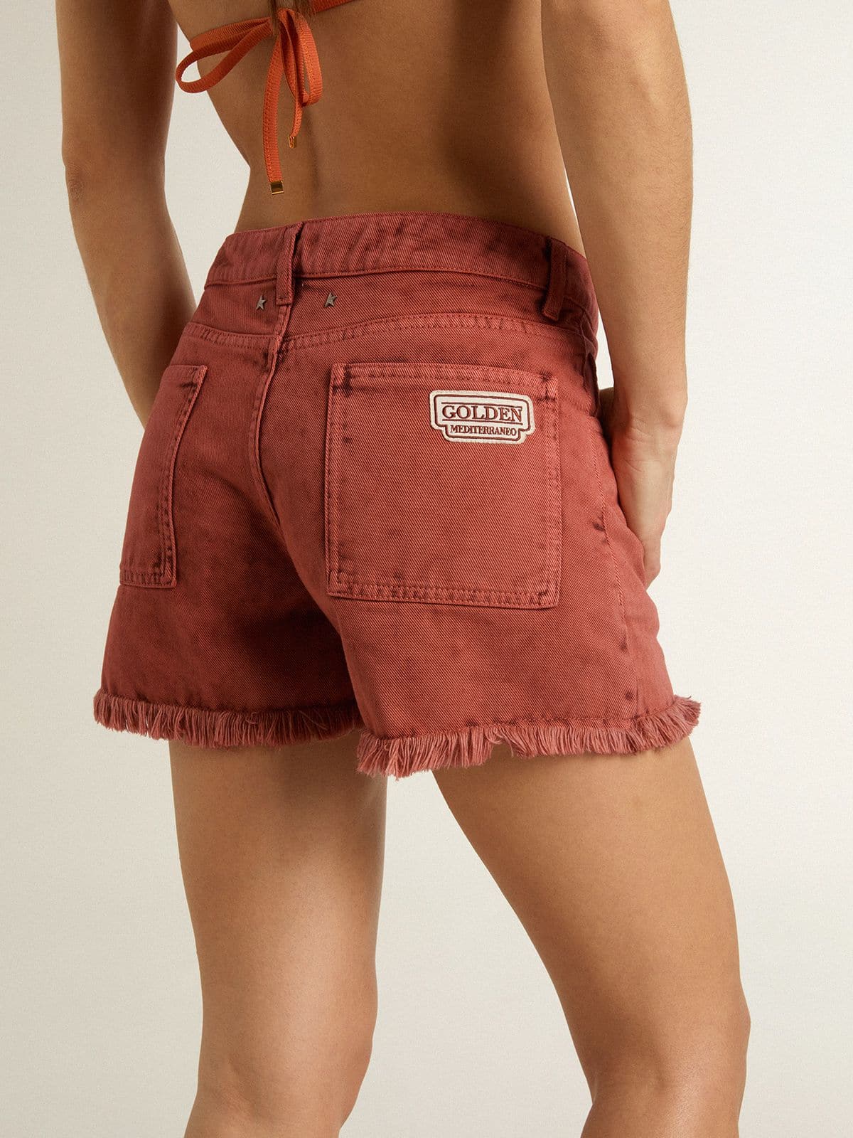 Women's shorts in brick-red denim with Golden Mediterraneo embroidery - Golden Goose Women
