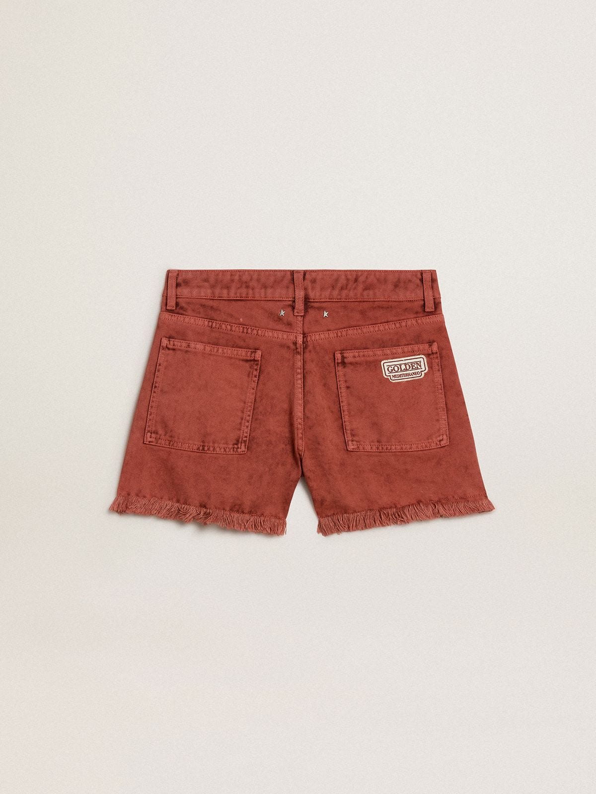 Women's shorts in brick-red denim with Golden Mediterraneo embroidery - Golden Goose Women