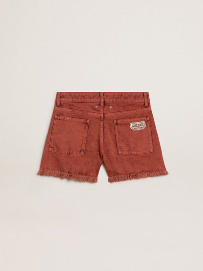Women's shorts in brick-red denim with Golden Mediterraneo embroidery - Golden Goose Women