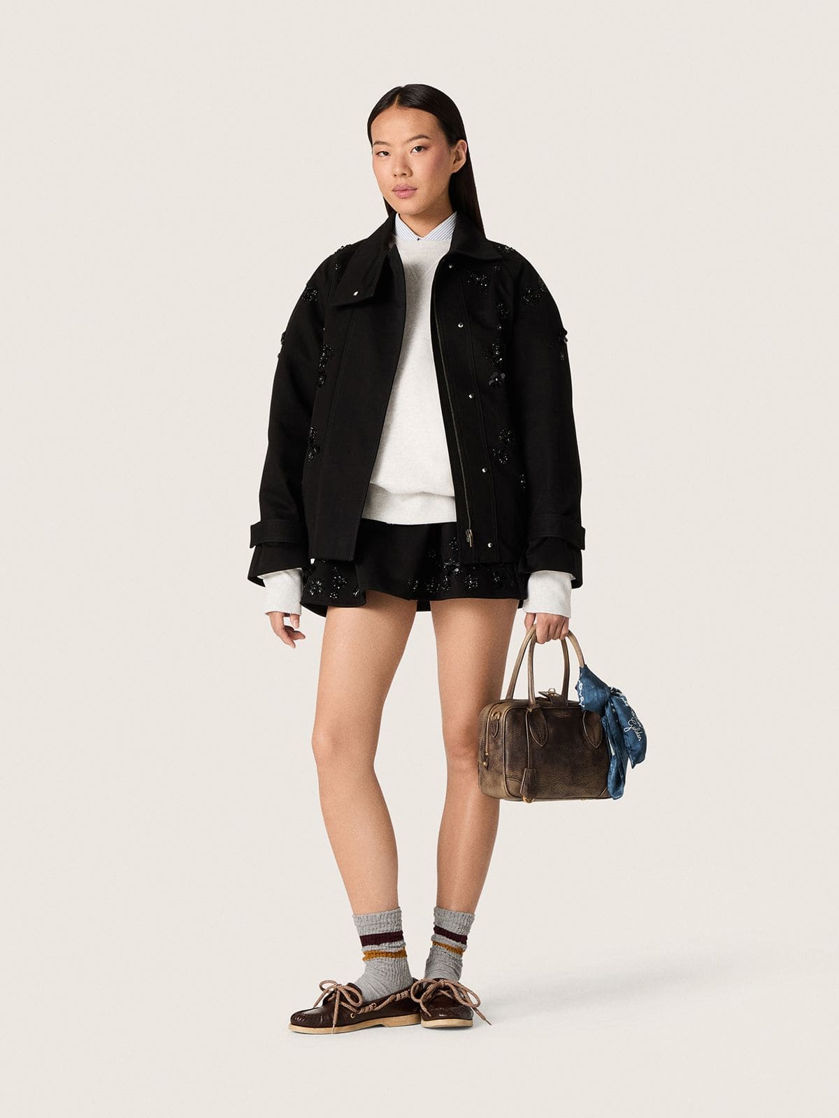Women’s miniskirt in black cotton twill with floral sequin embroidery - Golden Goose Women