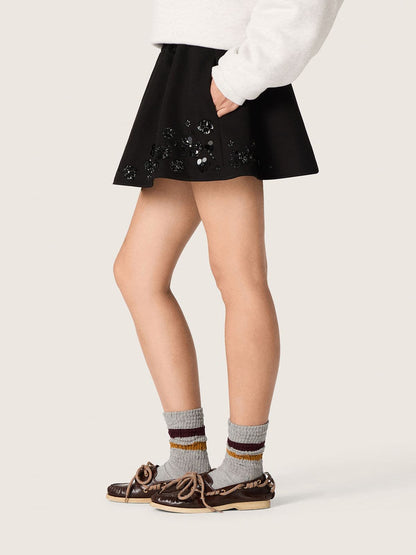 Women’s miniskirt in black cotton twill with floral sequin embroidery - Golden Goose Women