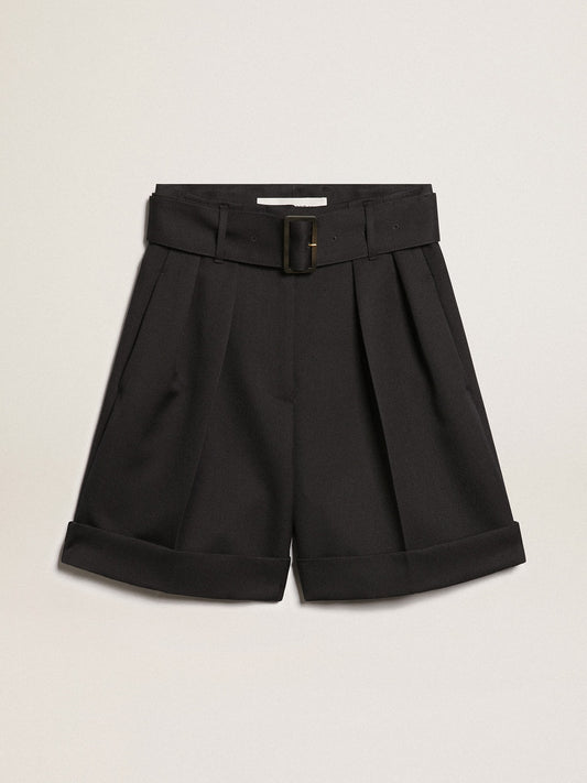 Women's shorts in black wool gabardine with waist belt - Golden Goose Women