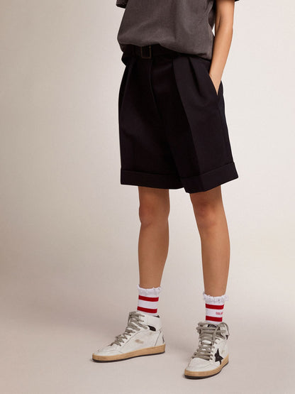 Women's shorts in black wool gabardine with waist belt - Golden Goose Women