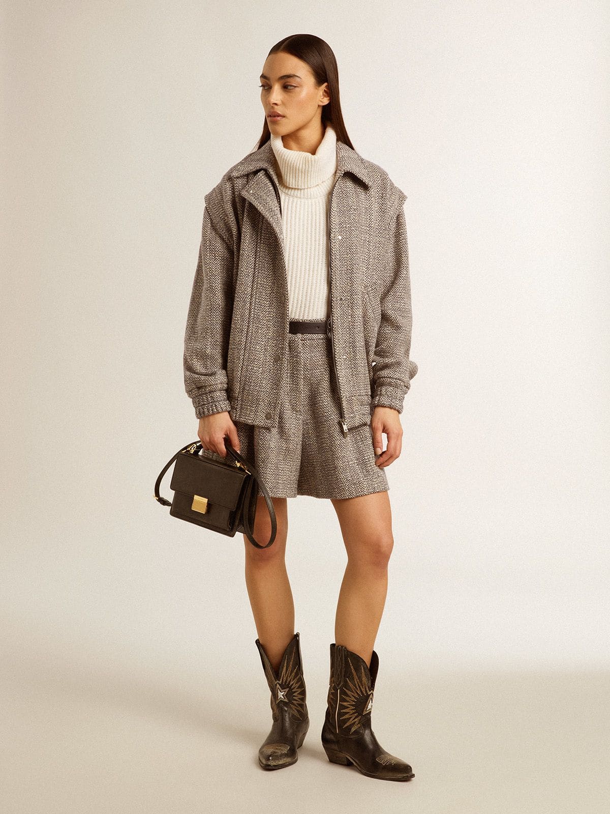 Women’s ecru brown shorts in herringbone wool - Golden Goose Women