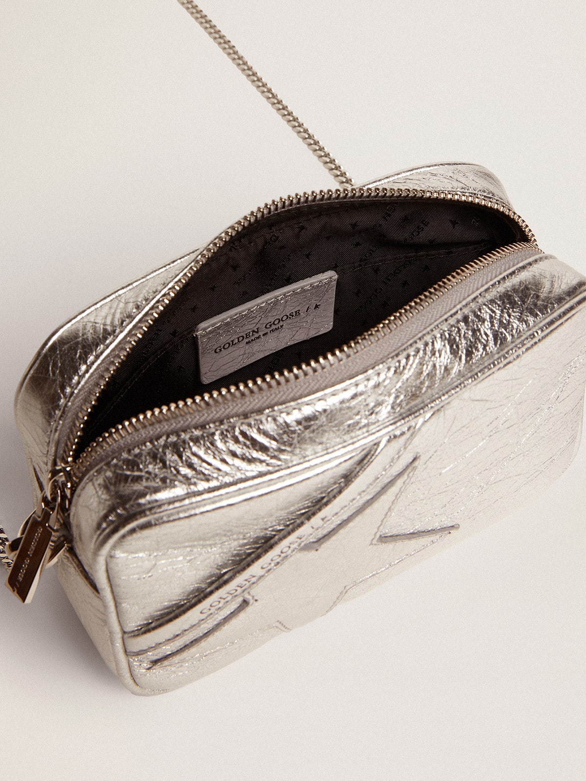 Women's Mini Star Bag in silver laminated leather with tone-on-tone star - Golden Goose Women