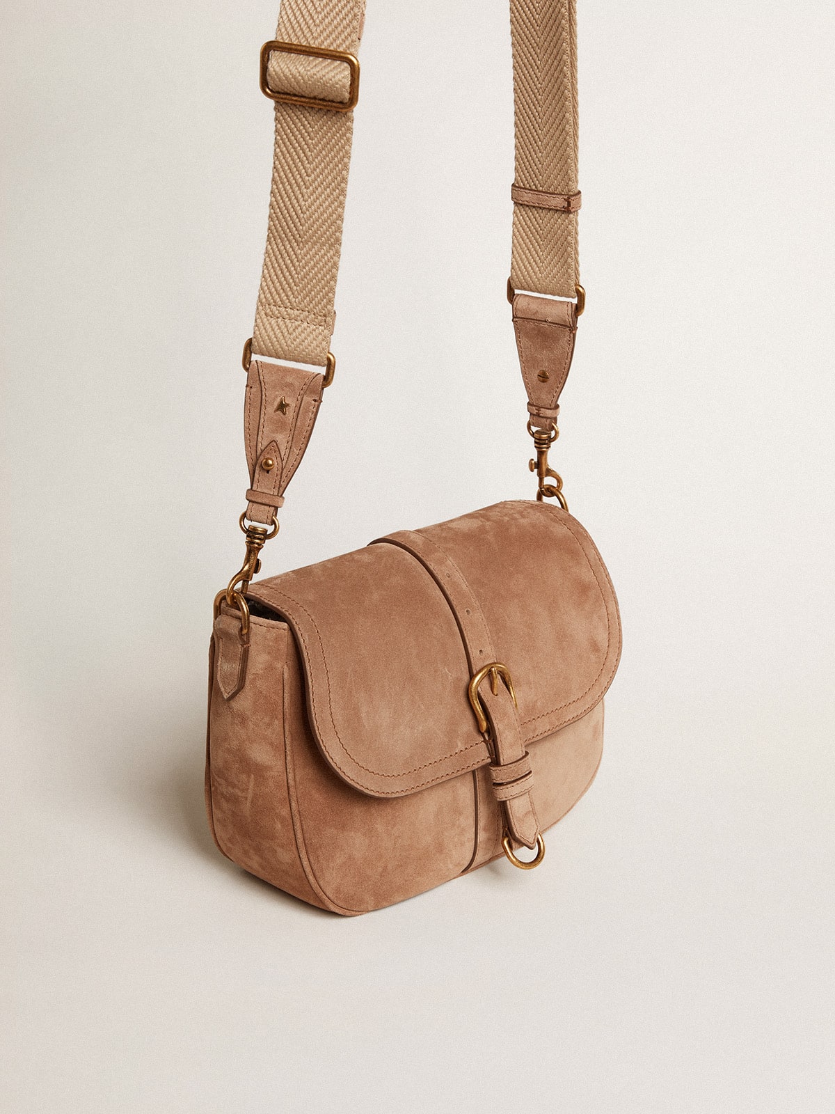 Medium Sally Bag in ash-colored suede with contrasting buckle and shoulder strap - Golden Goose Women