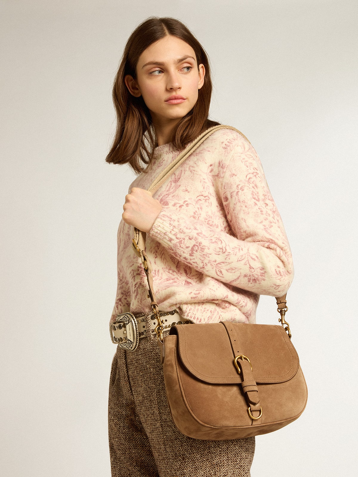 Medium Sally Bag in ash-colored suede with contrasting buckle and shoulder strap - Golden Goose Women