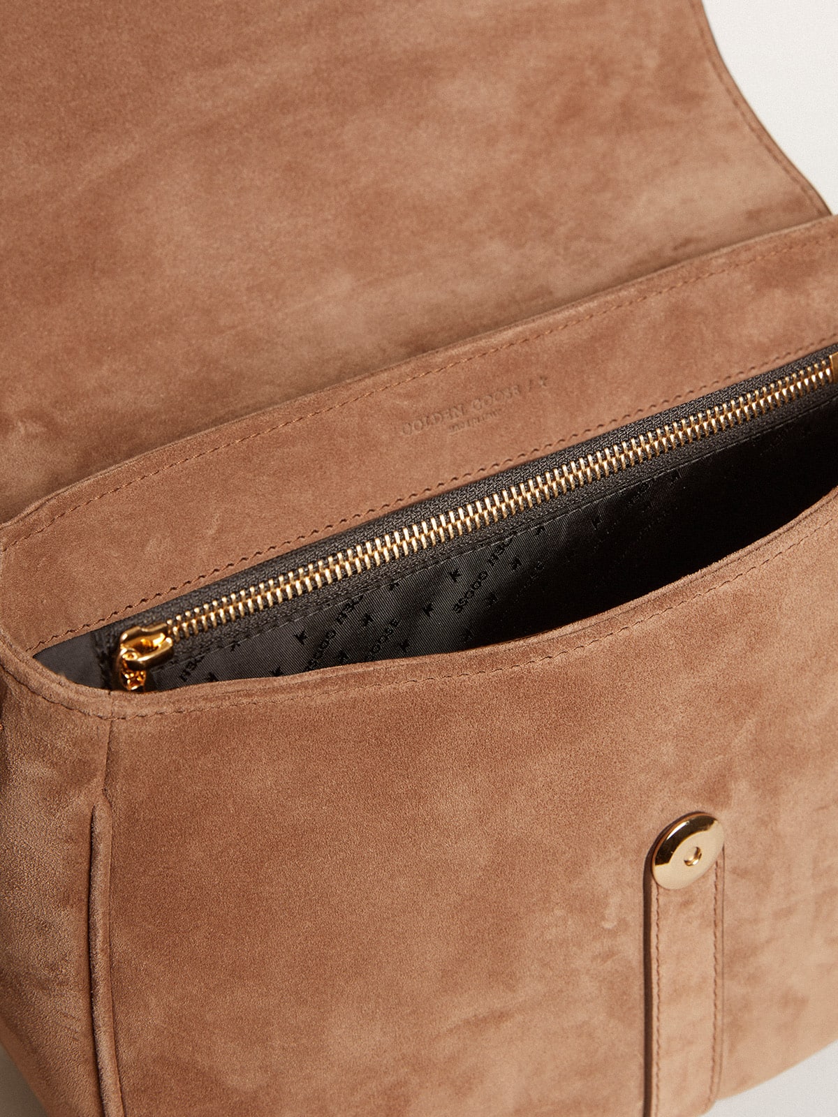 Medium Sally Bag in ash-colored suede with contrasting buckle and shoulder strap - Golden Goose Women