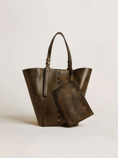 24/7 Bag North South in black distressed leather with adjustable handles - Golden Goose Women