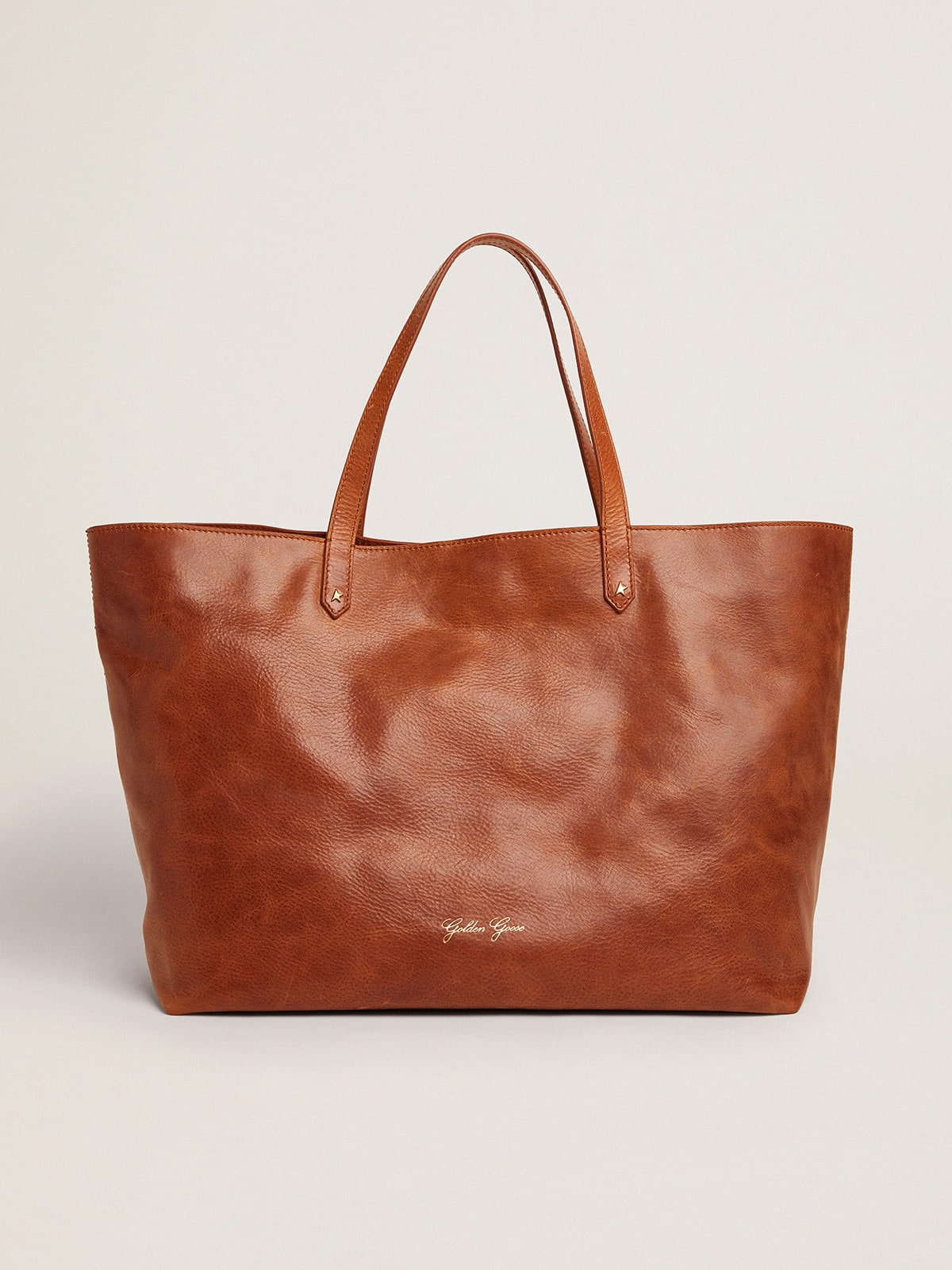 Pasadena Bag in tan-colored glossy hammered leather with gold logo on the front - Golden Goose Women