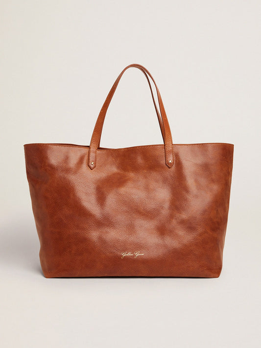 Pasadena Bag in tan-colored glossy hammered leather with gold logo on the front - Golden Goose Women