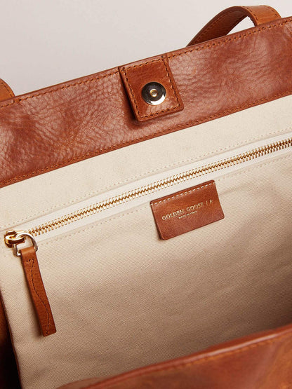 Pasadena Bag in tan-colored glossy hammered leather with gold logo on the front - Golden Goose Women