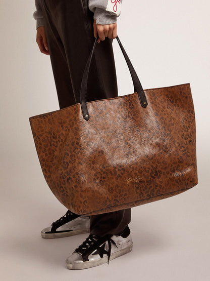 Pasadena Bag in hammered leather with leopard print and contrasting black handles - Golden Goose Women