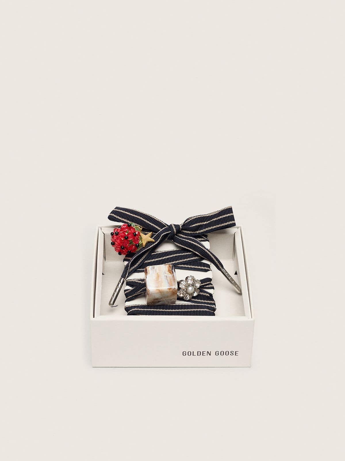 Skins blue and beige striped laces with raspberry, stone and crystal charms - Golden Goose Women|Men