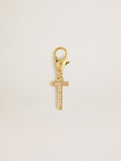 Letter T charm in gold-colored brass with crystals - Golden Goose Women