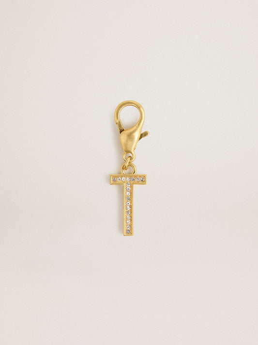 Letter T charm in gold-colored brass with crystals - Golden Goose Women
