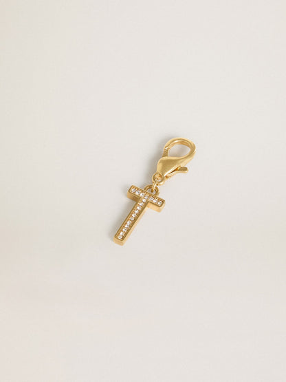 Letter T charm in gold-colored brass with crystals - Golden Goose Women