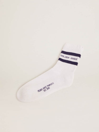 Cotton socks with distressed finishes, blue stripes and logo - Golden Goose Women|Men