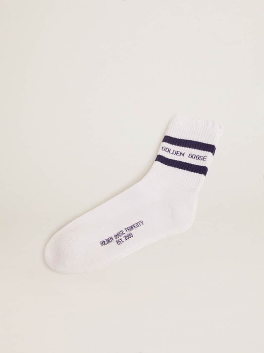 Cotton socks with distressed finishes, blue stripes and logo - Golden Goose Women|Men
