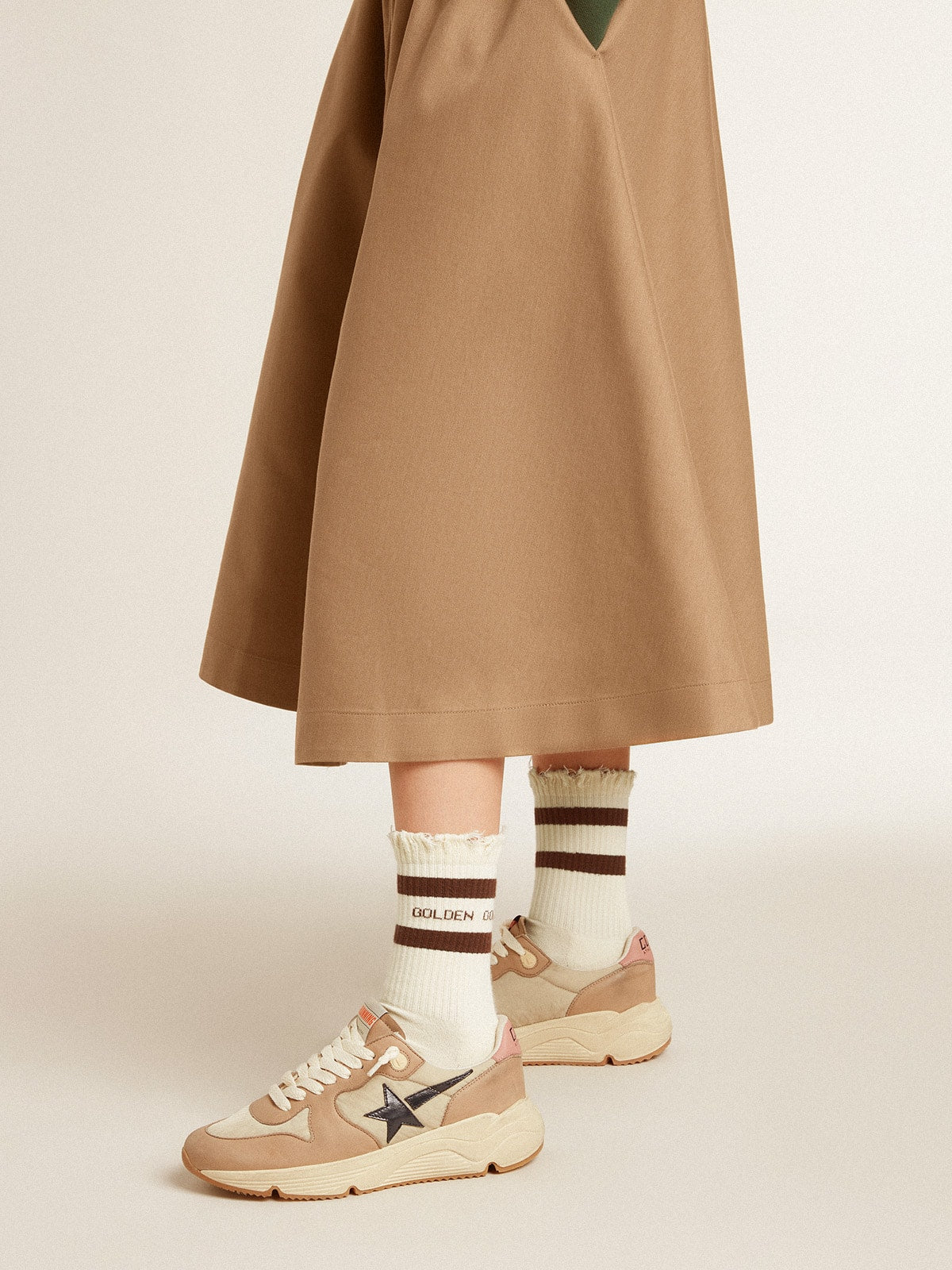 Worn-white socks with distressed details and brown stripes - Golden Goose Women|Men
