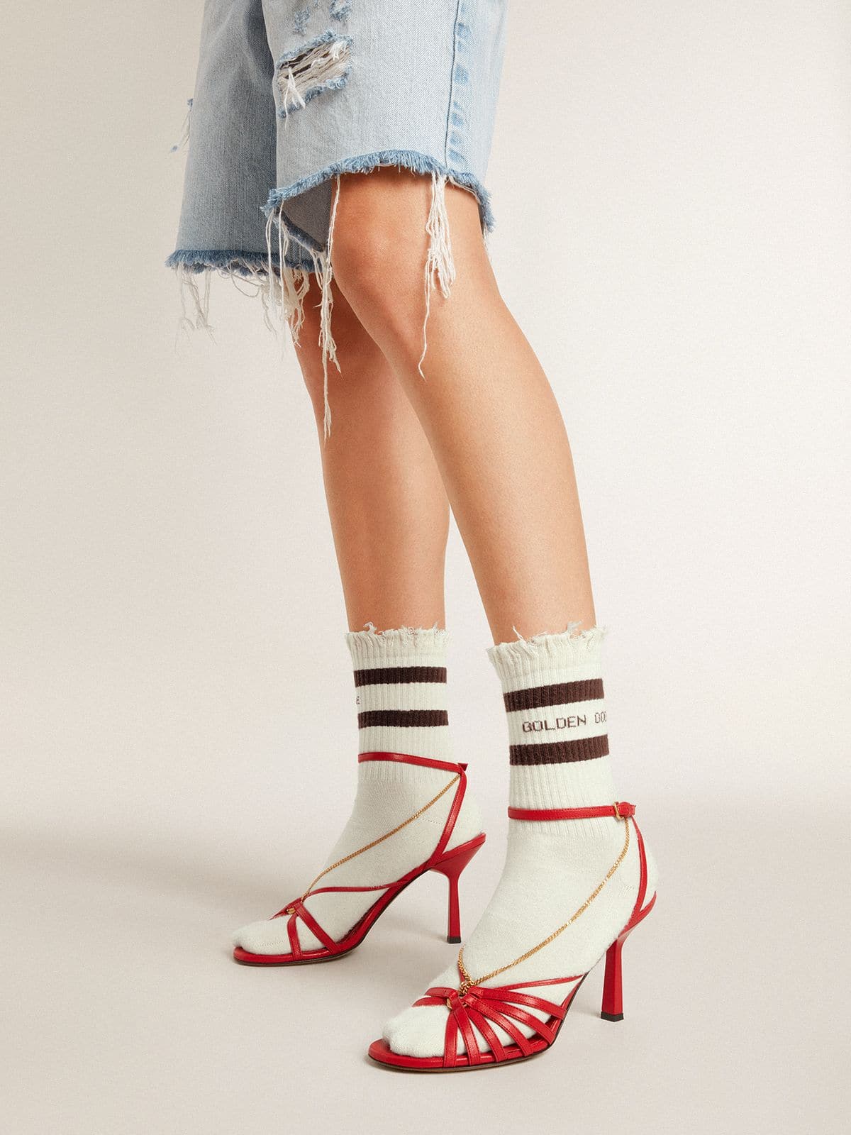 Worn-white socks with distressed details and brown stripes - Golden Goose Women|Men