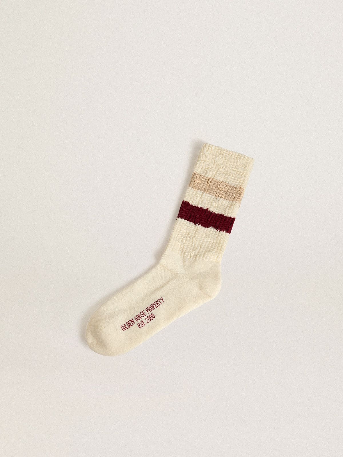 Worn-white socks with distressed details and beige and burgundy stripes - Golden Goose Women|Men