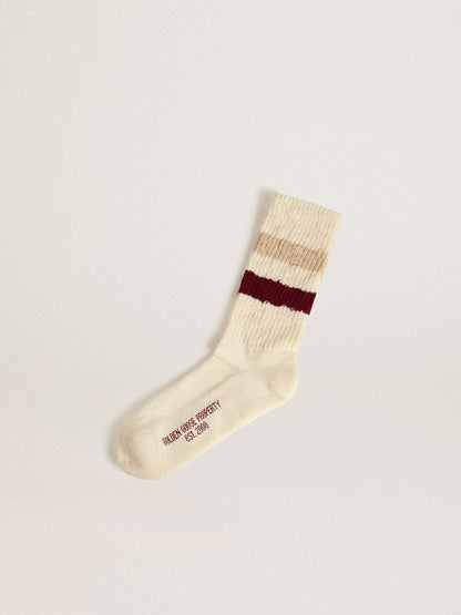 Worn-white socks with distressed details and beige and burgundy stripes - Golden Goose Women|Men