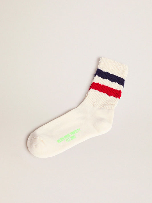 Vintage white socks with distressed details and two-tone stripes - Golden Goose Women|Men