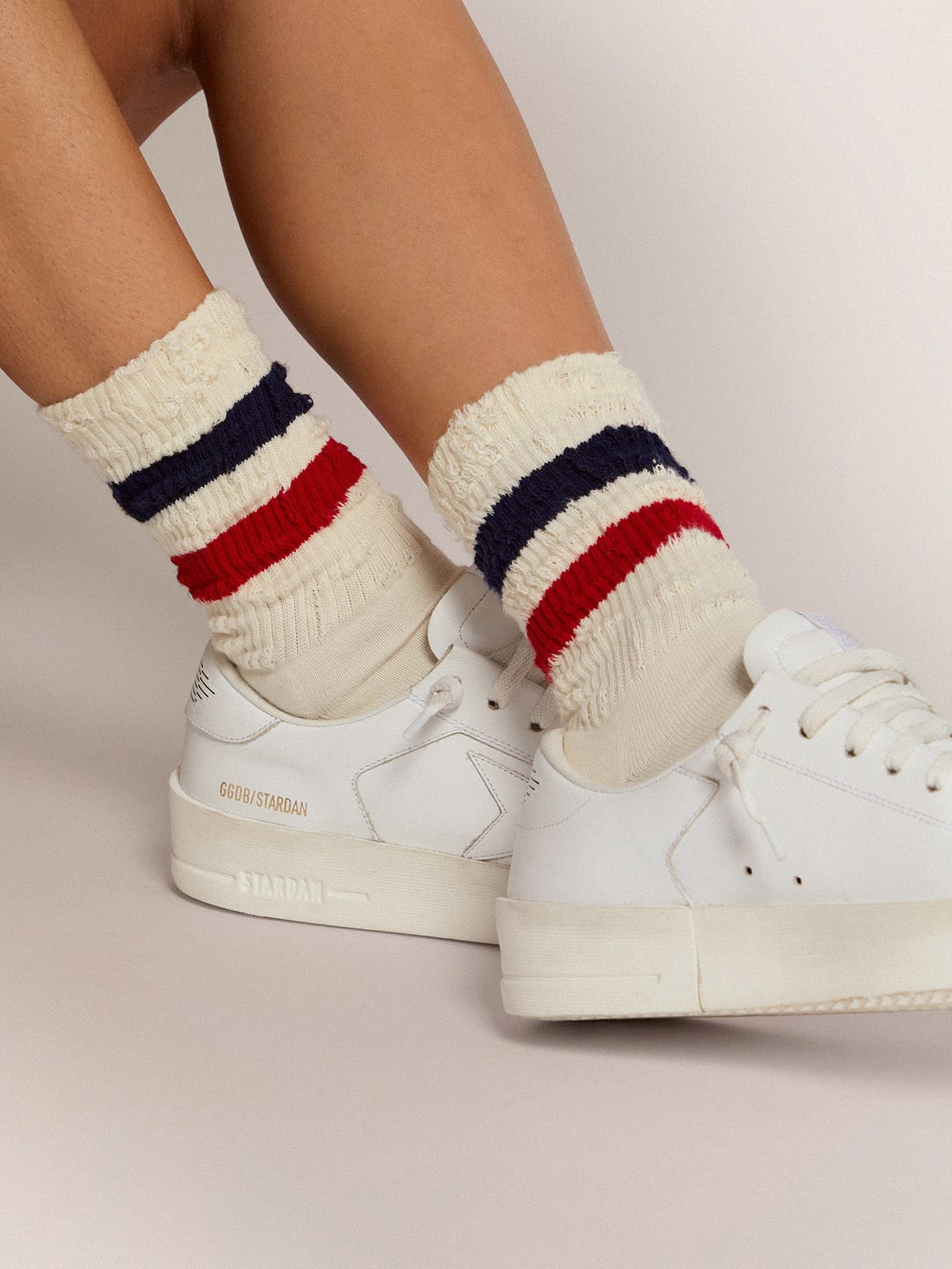 Vintage white socks with distressed details and two-tone stripes - Golden Goose Women|Men