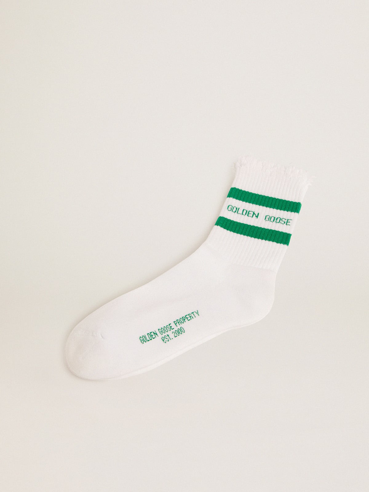 Cotton socks with distressed finishes, green stripes and logo - Golden Goose Women|Men