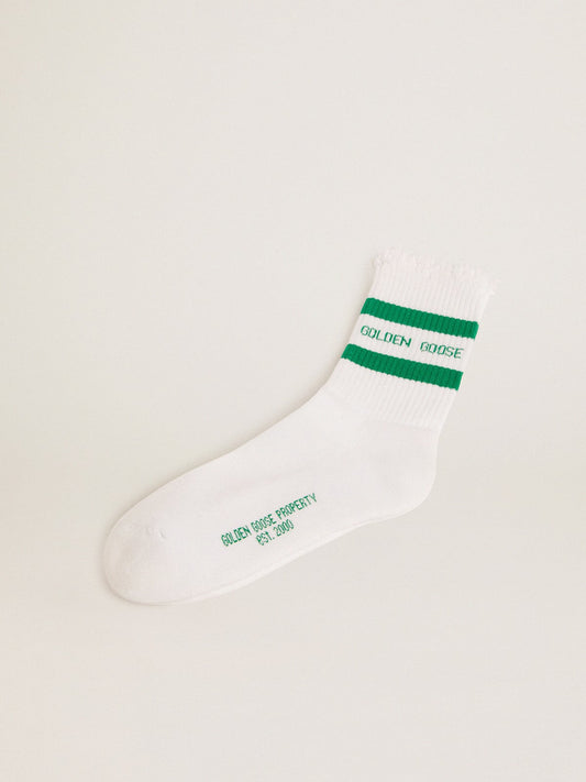 Cotton socks with distressed finishes, green stripes and logo - Golden Goose Women|Men
