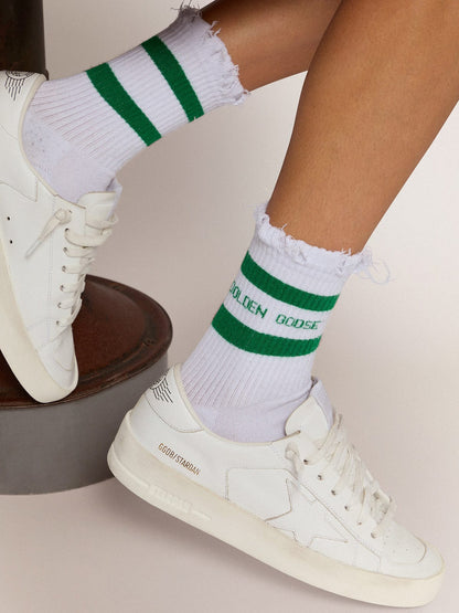 Cotton socks with distressed finishes, green stripes and logo - Golden Goose Women|Men
