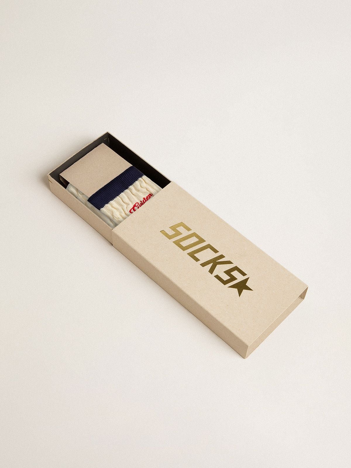Cream ribbed socks with navy blue details and red logo - Golden Goose Women|Men