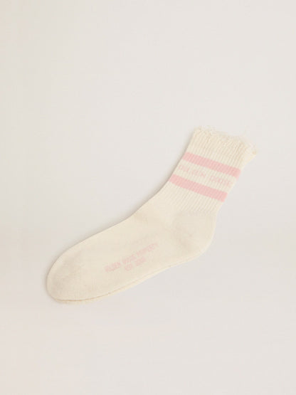 Distressed-finish white socks with baby-pink logo and stripes - Golden Goose Women|Men