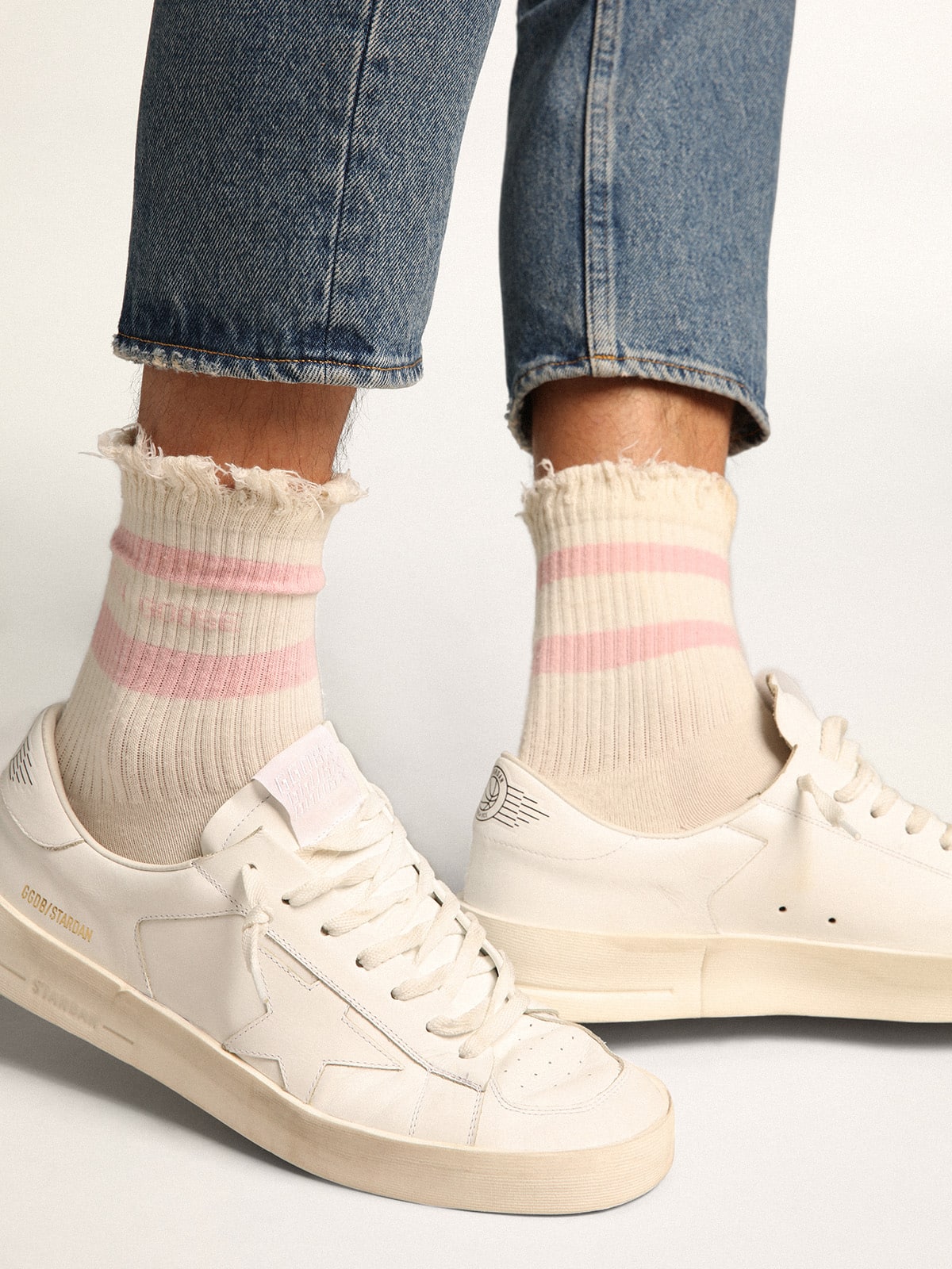 Distressed-finish white socks with baby-pink logo and stripes - Golden Goose Women|Men