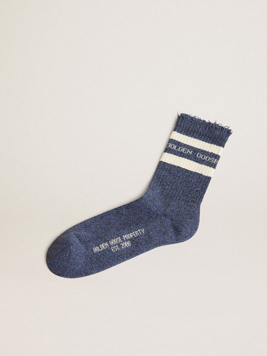 Blue socks with contrasting white stripes and white logo - Golden Goose Women|Men