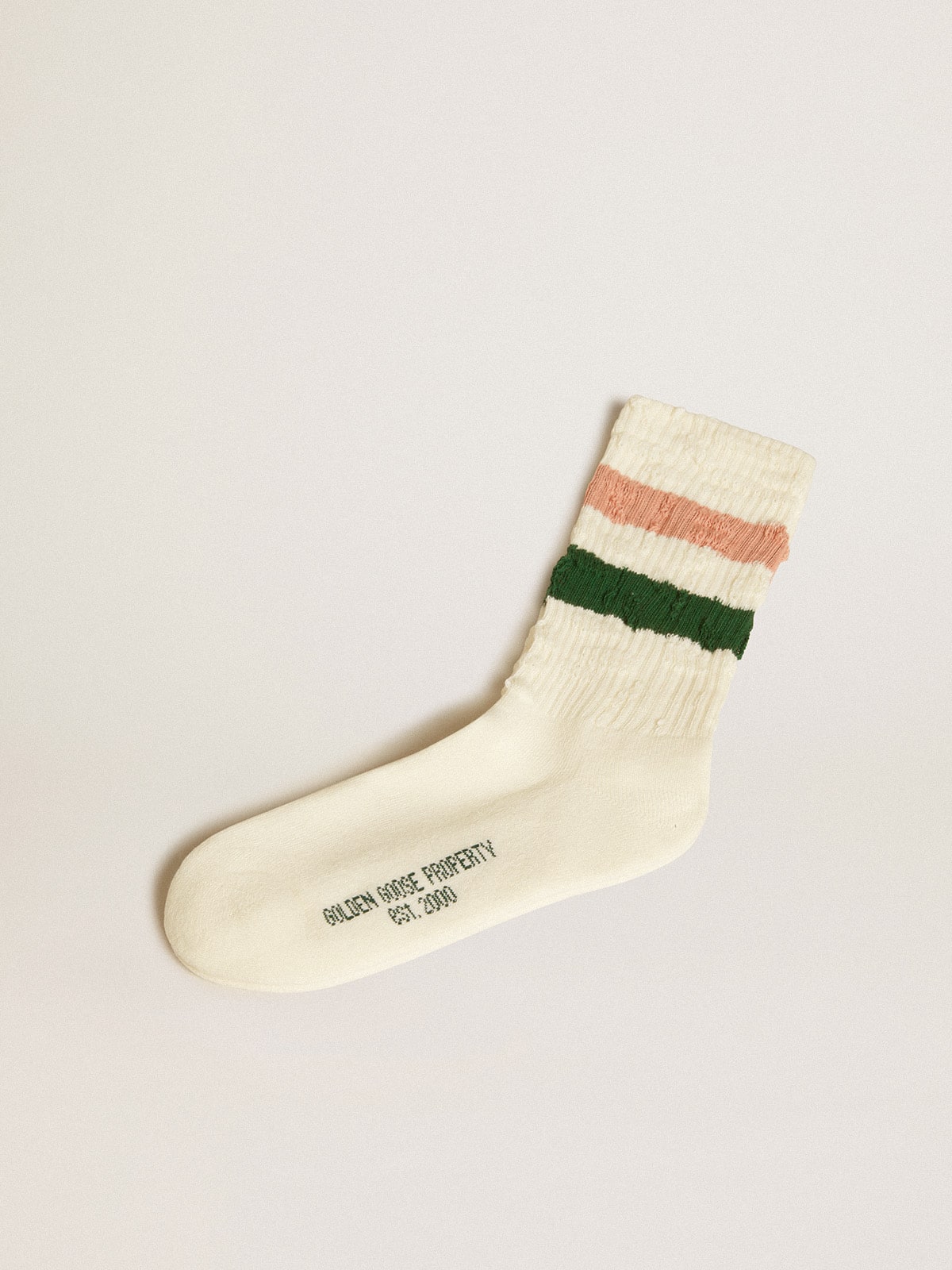 Worn-white socks with distressed details and pink and green stripes - Golden Goose Women|Men