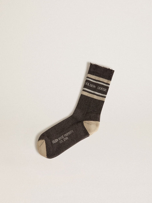 Dark grey socks with distressed details and cream and worn-white stripes - Golden Goose Women|Men