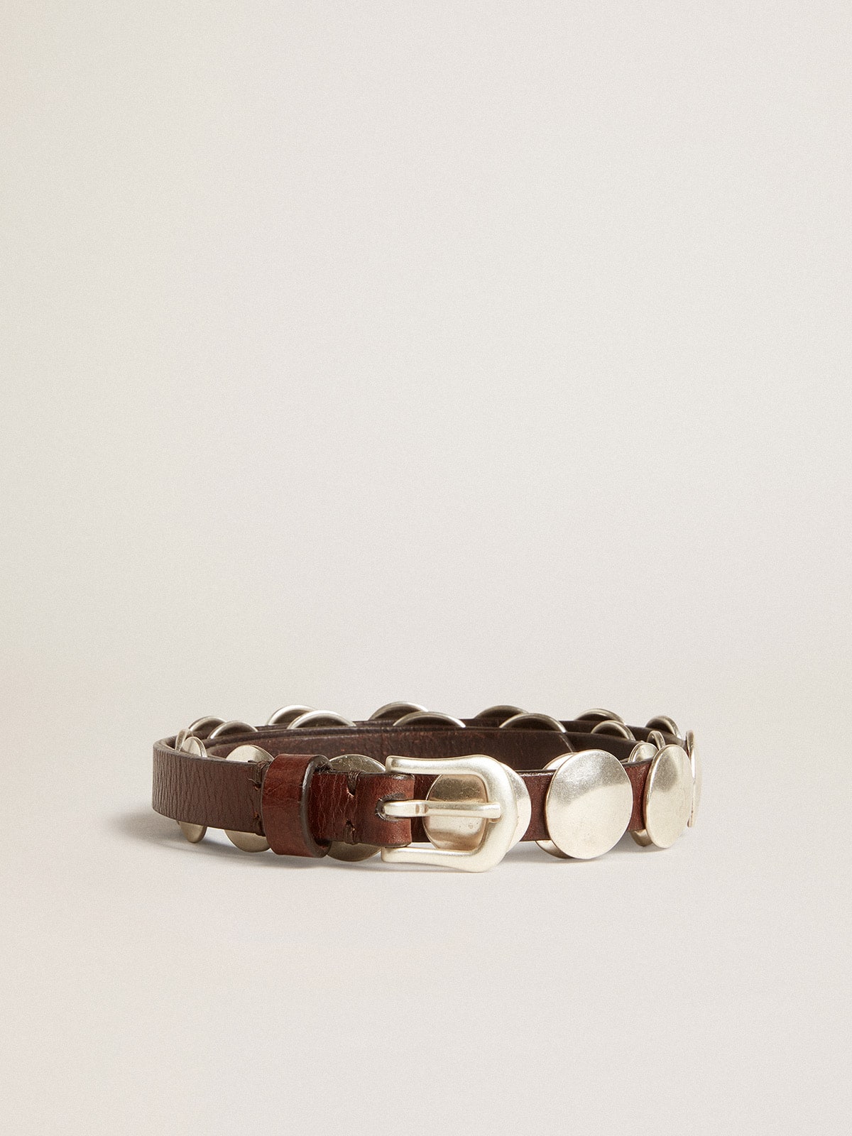 Trinidad thin belt in dark brown leather with silver studs - Golden Goose Women